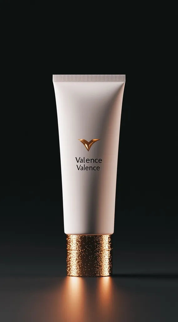 A sleek, off-white tube of Valence skincare product stands against a dark background.  The tube features a gold, speckled base and the brand name "Valence" is subtly printed in dark text.  The overall aesthetic is sophisticated and minimalist, suggesting a high-end beauty product.  A soft, warm light illuminates the base of the tube.