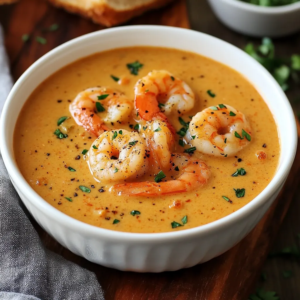 A creamy, orange-hued shrimp soup is presented in a white bowl.  Several plump, cooked shrimp are nestled atop the soup, garnished with fresh parsley and black pepper. The bowl sits on a dark wooden surface, with a blurred background suggesting bread and additional garnishes. The overall impression is one of warmth and deliciousness.
