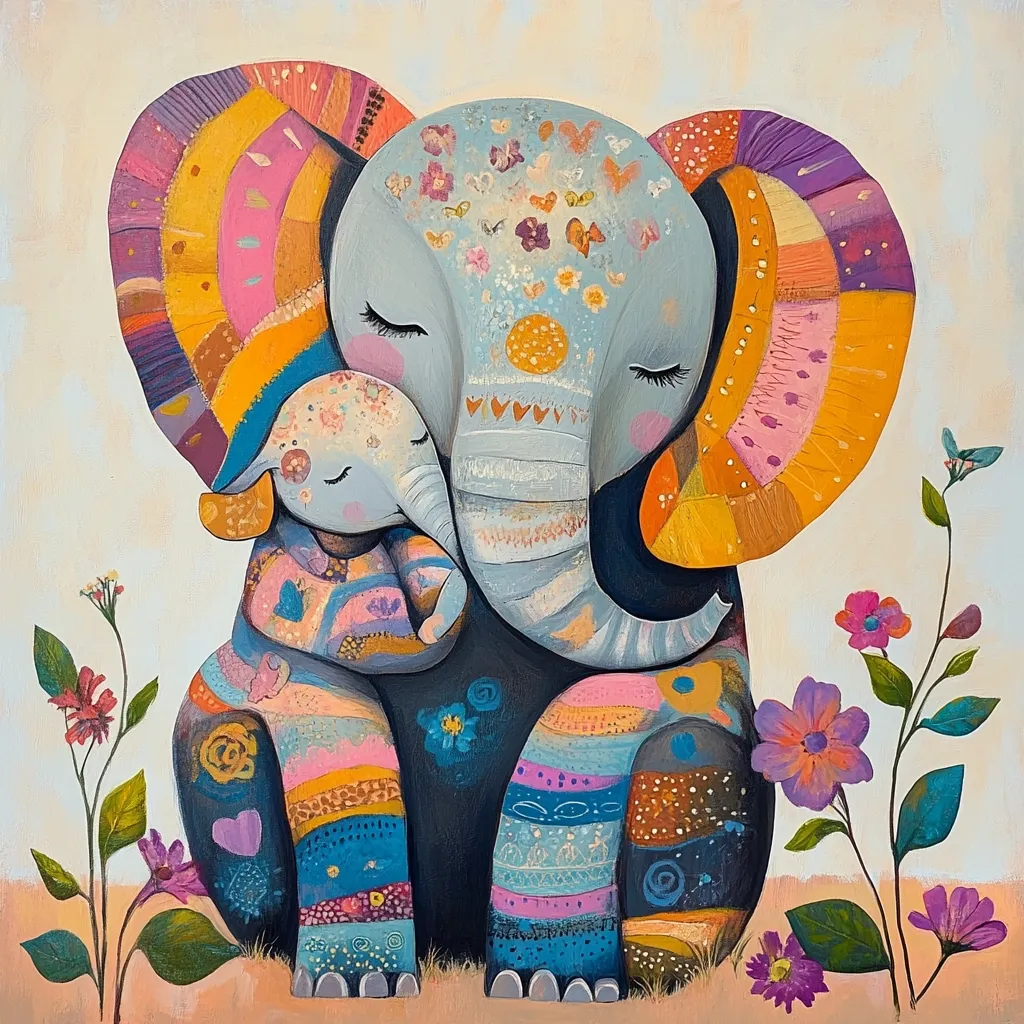 A vibrant painting depicts a mother elephant tenderly embracing her baby.  Both elephants are adorned with colorful, patterned textiles, creating a whimsical and joyful scene.  Surrounding them are blooming flowers in various shades of pink, purple, and blue, adding to the overall cheerful and loving atmosphere. The style is folk art-inspired, with bold colors and playful designs.