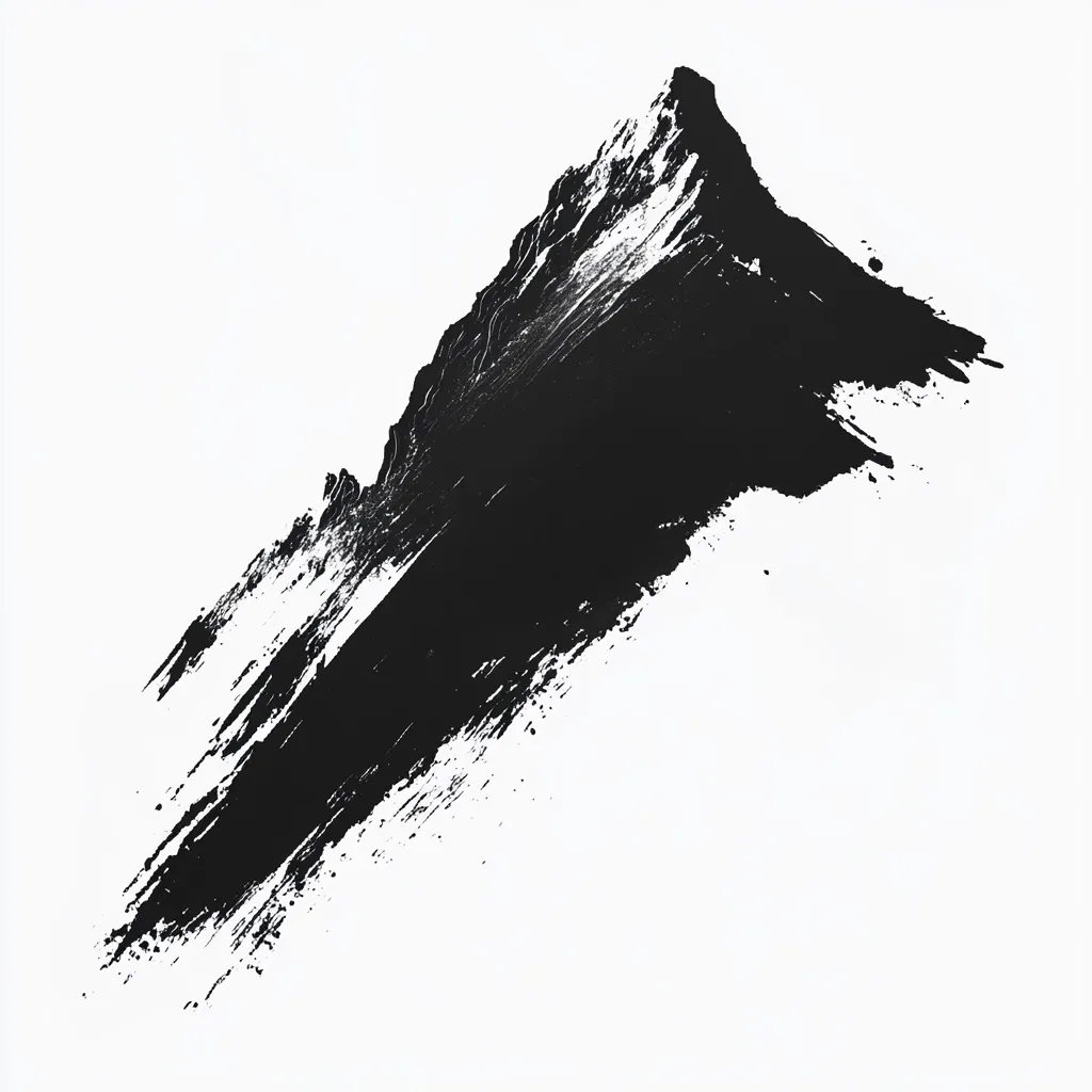 A bold, black brushstroke dominates the white background, resembling a stylized mountain peak or a dramatic, abstract landscape. The paint is applied with vigorous, expressive strokes, creating texture and a sense of movement.  The sharp peak contrasts with the softer, trailing edges of the brushstroke, creating a dynamic visual impact.  The image is minimalist and powerful in its simplicity.