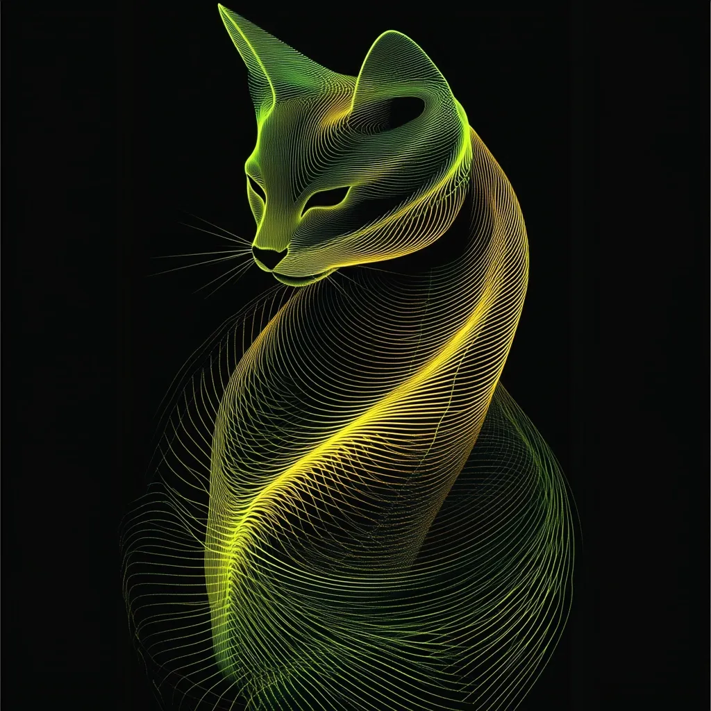 A stylized illustration of a cat depicted in flowing, interwoven lines of lime and gold.  The lines create a sense of movement and fluidity, suggesting the cat's sleek form. The artwork is set against a stark black background, enhancing the vibrant colors and intricate detail of the lines. The cat's posture is serene, its head slightly lowered.