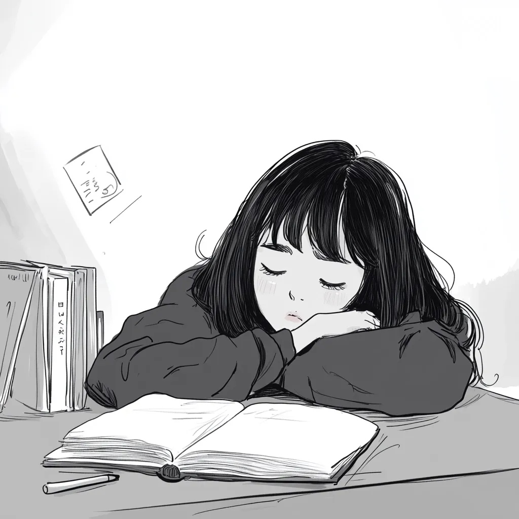 A monochrome illustration depicts a young woman with dark hair, asleep on her arms, resting on an open book.  Several other books and a pen are on the desk beside her.  The style is minimalist and slightly melancholic, conveying a sense of quiet exhaustion or peaceful slumber. A small note is visible on the wall in the background.