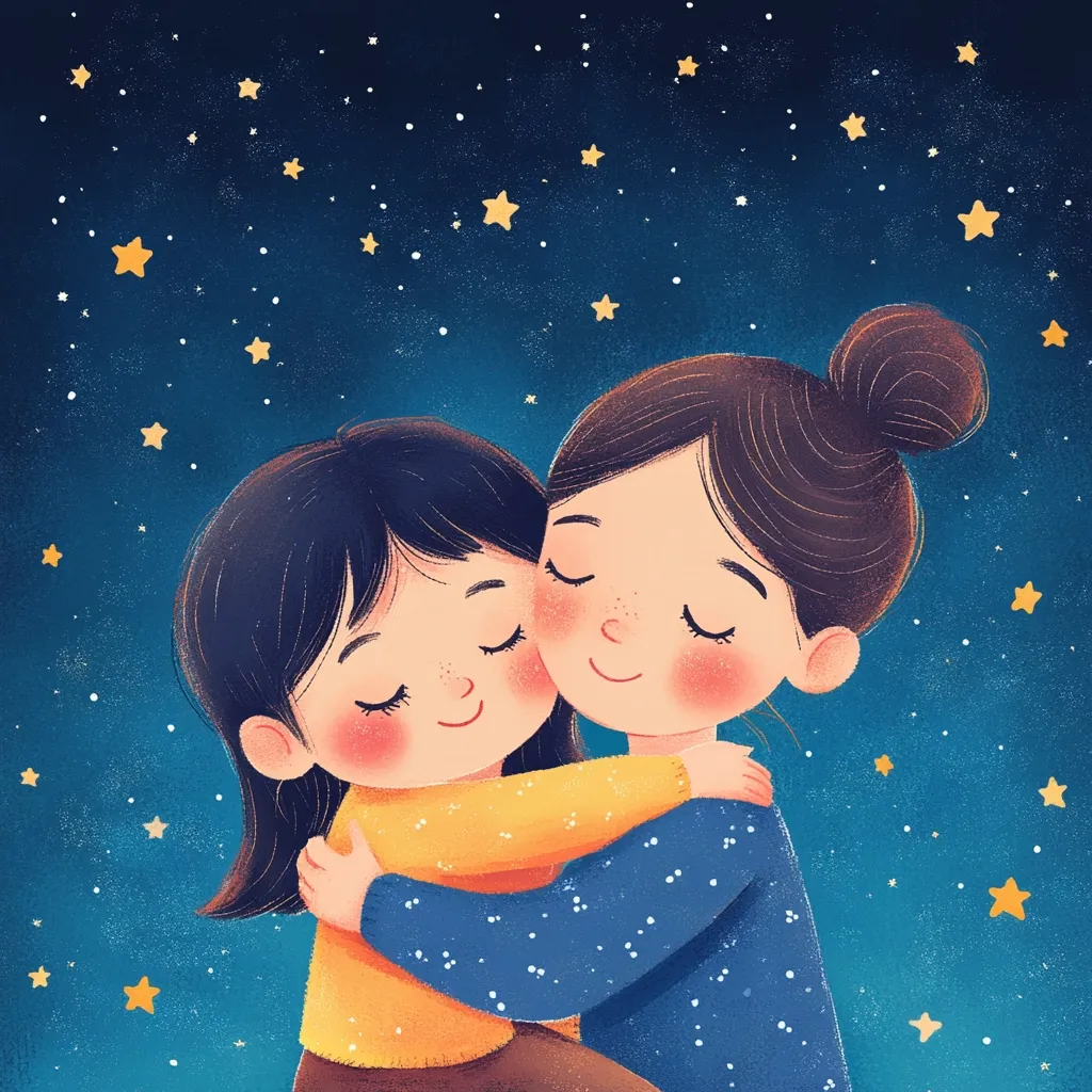 Two young girls, embracing tightly under a night sky filled with twinkling stars.  One girl wears a yellow sweater, the other a blue one.  Their eyes are closed, suggesting peace and contentment. The illustration is soft, sweet, and evokes a feeling of warmth and sisterly love.