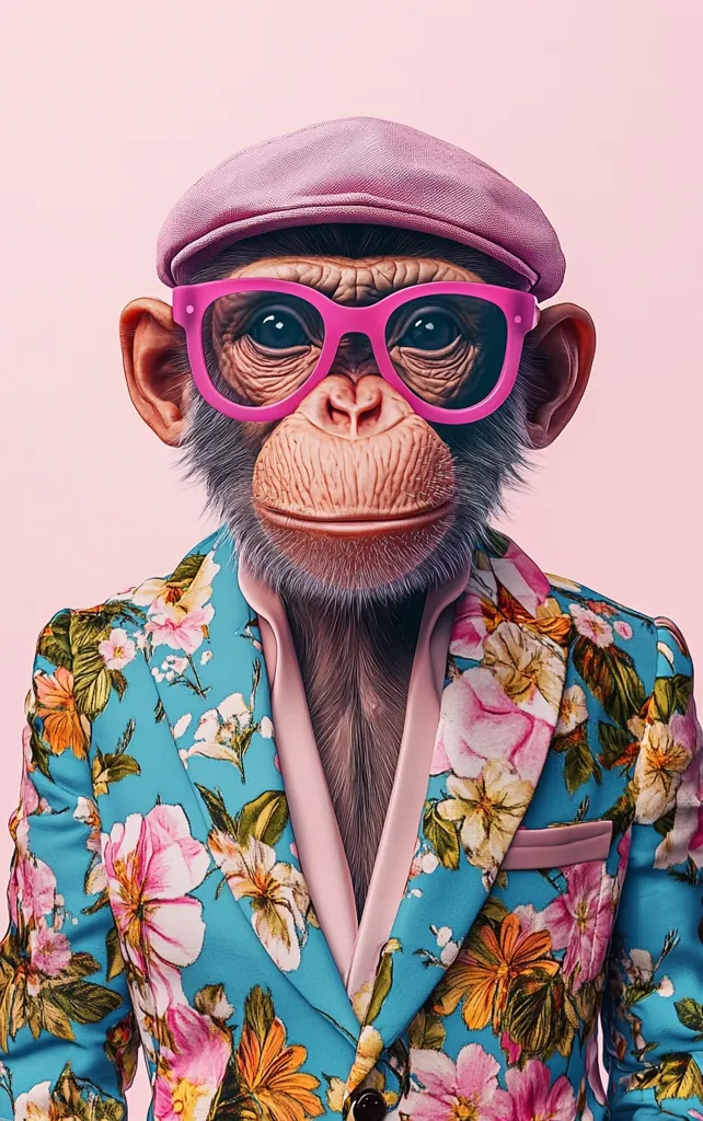 A chimpanzee, fashionably dressed in a pink newsboy cap and vibrant floral blazer, sports bright pink eyeglasses.  The monkey's expression is one of calm confidence,  its fur meticulously detailed. The background is a soft pink, contrasting with the bold colors of the outfit. The overall image is a stylized, humorous portrait of a sophisticated primate.