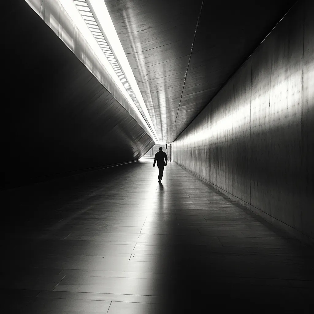 A solitary figure walks down a long, brightly lit tunnel. The architecture is modern and minimalist, with sleek, metallic walls and a high ceiling. The stark contrast between light and shadow emphasizes the individual's isolation. The image conveys a sense of solitude and the journey of life.  The perspective creates a dramatic effect, drawing the viewer's eye to the person's distant destination.