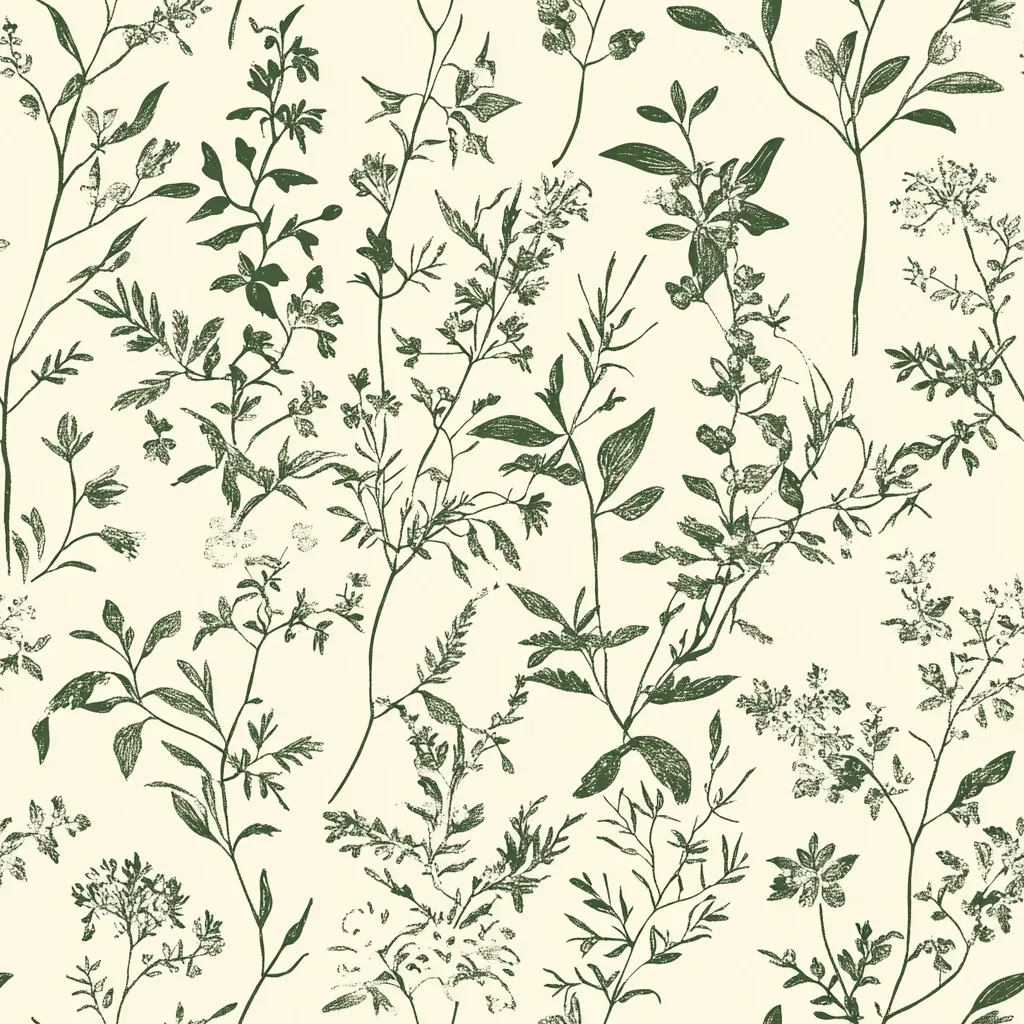 A seamless pattern featuring a variety of stylized botanical illustrations in dark green on a cream background.  The design incorporates various leaves, stems, and delicate flowers, creating a dense, yet airy, floral print.  The slightly textured appearance suggests a hand-drawn or stamped effect, contributing to a rustic and charming aesthetic.  The overall style is reminiscent of vintage botanical prints or wallpaper designs.