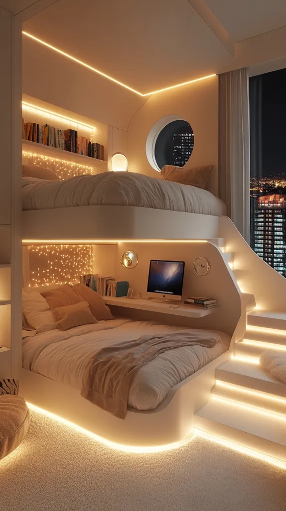 A modern bedroom features a built-in bunk bed with a desk underneath, illuminated by warm LED strip lighting.  The lower bed seamlessly integrates with a curved platform, creating a cozy and minimalist aesthetic.  A large window overlooks a nighttime cityscape, adding to the room's sophisticated ambiance.  The overall design is sleek and calming, utilizing soft textures and warm lighting.