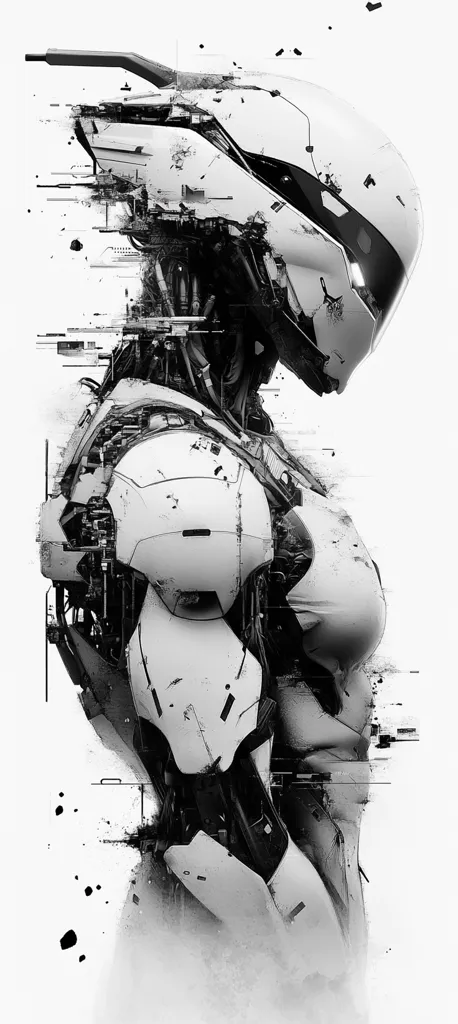 A grayscale illustration depicts a futuristic female robot, possibly a cyborg, in profile view.  Her body is intricate and mechanical, with visible joints and wiring, giving a sense of both fragility and strength. The background is subtly textured with splashes of black ink, adding to the overall aesthetic of decay or deconstruction. The robot’s head is helmet-like and partially obscured, adding mystery. The image conveys a blend of technological advancement and a hint of vulnerability.