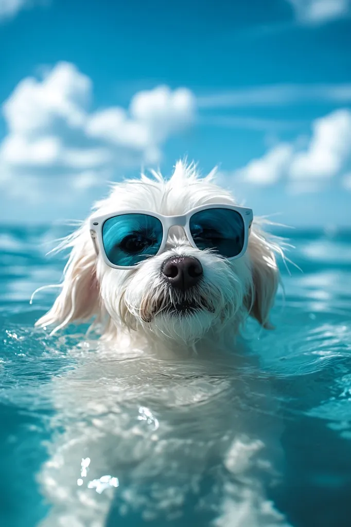A fluffy white dog, wearing stylish blue-tinted sunglasses, is partially submerged in clear, turquoise water.  The dog's head and shoulders are visible, its expression serene.  A bright blue sky with fluffy white clouds forms a stunning backdrop. The overall scene evokes a feeling of summer fun and carefree relaxation.