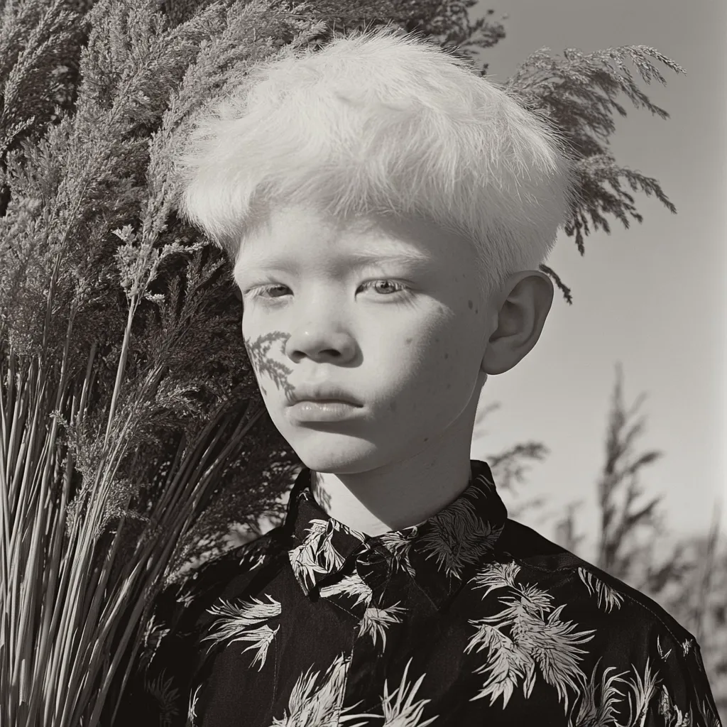 A black and white portrait of a young boy with albinism.  His pale skin and white hair contrast sharply against a dark, patterned shirt. He stands next to a large bouquet of tall grasses, the shadows of the plants cast delicately upon his face. The overall mood is serene and contemplative. The image is striking due to its monochrome aesthetic and the boy's striking features.