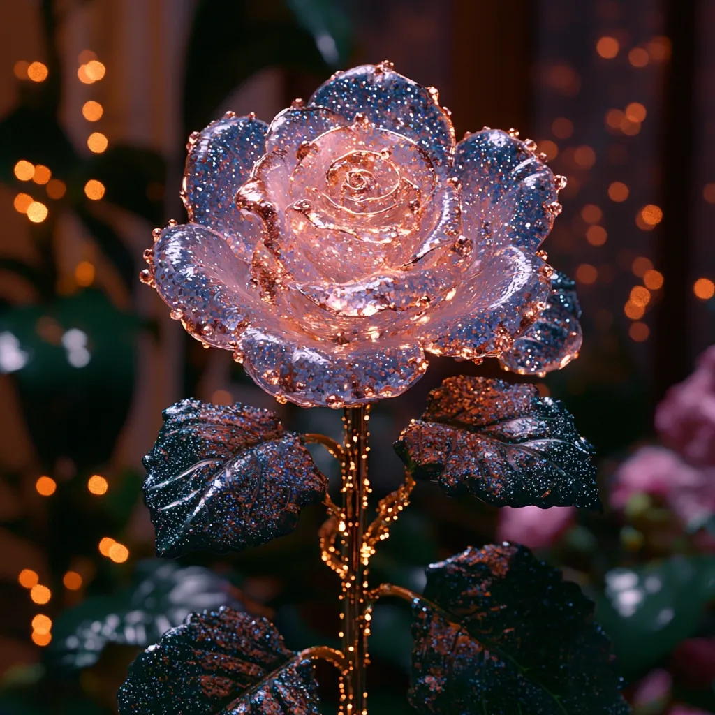 A stunning, rose-shaped glass sculpture glitters with embedded sparkles.  The translucent petals glow with an inner light, creating a warm, romantic ambiance.  Dark, intricately detailed leaves contrast beautifully with the rose's delicate form.  The background features soft, warm bokeh lights, enhancing the overall magical and enchanting feel.