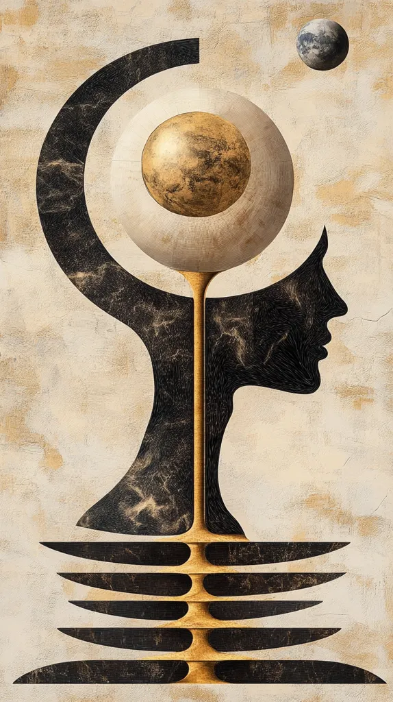 An abstract artwork depicts a stylized female profile in black and gold against a beige background.  A golden sphere, resembling a planet, sits atop a column extending from the head, encircled by a larger, lighter orb.  A smaller, grey sphere is positioned in the upper right corner. The style is reminiscent of celestial imagery and incorporates elements of surrealism.  The overall effect is one of cosmic contemplation and feminine grace.