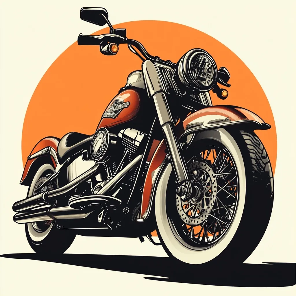 A stylized illustration of a classic Harley-Davidson motorcycle.  The bike is depicted in a reddish-brown hue, with detailed rendering of the engine and chrome accents.  It's presented against a large, orange circular backdrop, suggesting a sunset.  The image evokes a sense of freedom and classic American motorcycle culture. The front wheel is prominently featured, emphasizing the bike's powerful presence.