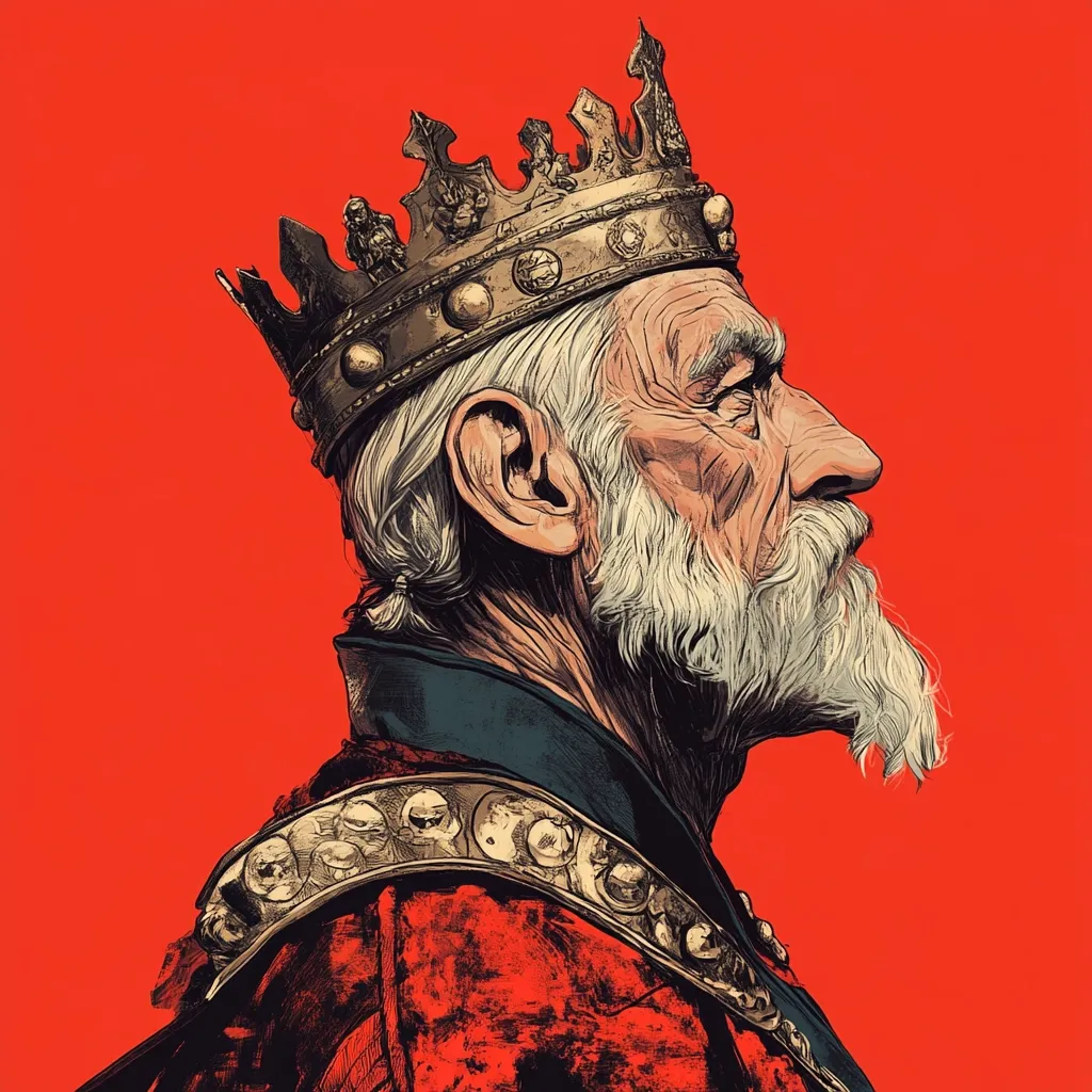 A profile portrait of an elderly king, his face etched with the passage of time.  He wears a heavy, ornate gold crown and rich red robes adorned with gold detailing.  His long white beard and hair frame a weathered face, conveying a sense of wisdom and perhaps weariness. The vibrant red background emphasizes the regal figure. The style is reminiscent of a historical illustration or character design.