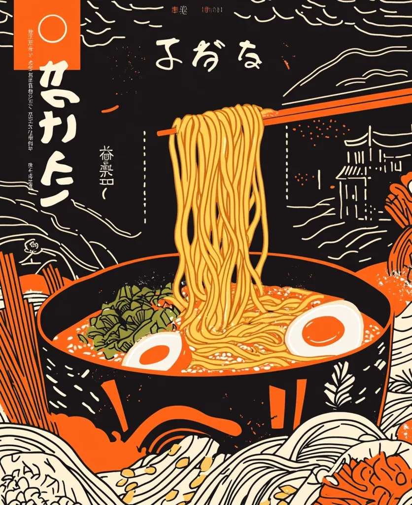 A stylized illustration showcases a bowl of ramen noodles.  Chopsticks lift strands of noodles from the rich broth, which contains sliced eggs and green garnish. The design incorporates Japanese lettering and a traditional artistic style, with flowing lines representing water and a distant village backdrop.  The bold orange and black color scheme creates a striking visual effect.