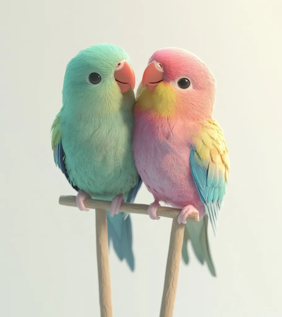 Two small parrots perch side-by-side on a wooden stand. One parrot is pastel green, the other a soft pink with yellow and teal accents.  Their feathers appear fluffy and their eyes are large and expressive. The birds are positioned close together, suggesting a pair. The background is a simple, light neutral tone.