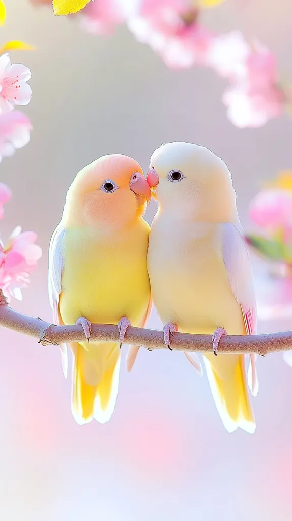 Two pastel-colored lovebirds perch on a branch, gently touching beaks.  Their plumage is a soft yellow and white, contrasting beautifully against a backdrop of delicate pink cherry blossoms. The image evokes feelings of tenderness and springtime romance, with a soft, dreamy quality. The birds appear calm and content, creating a peaceful and serene scene.