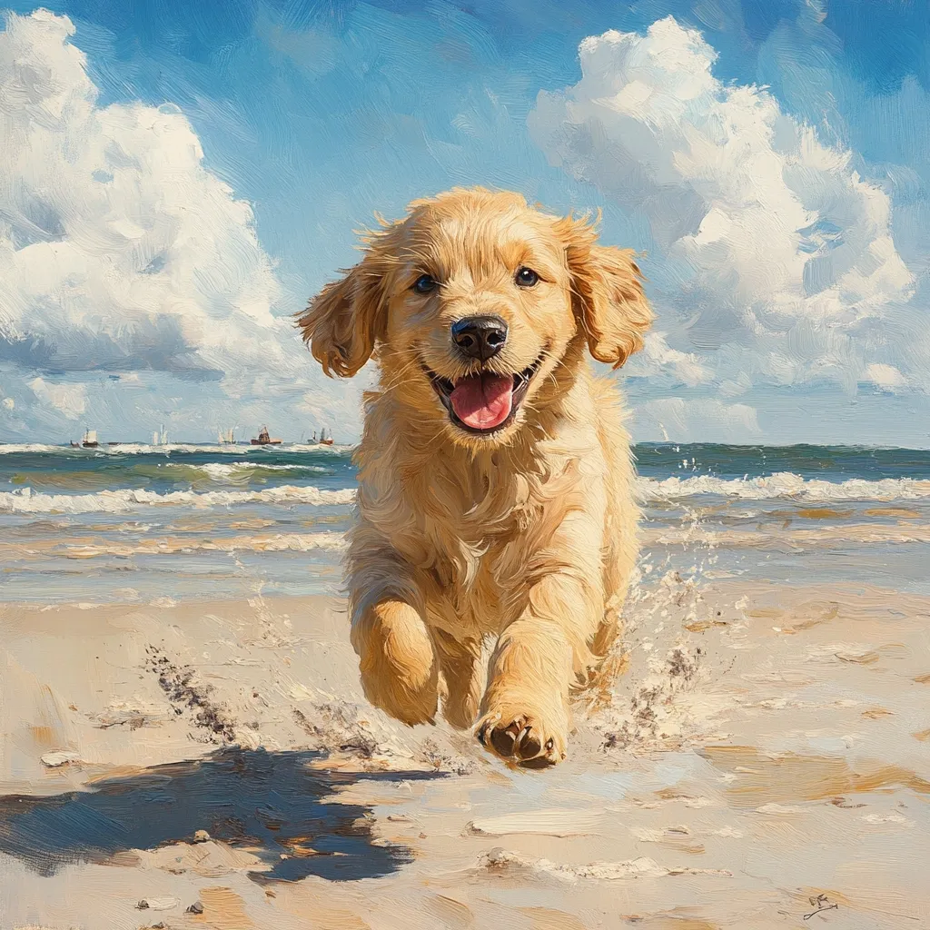 A joyful Golden Retriever puppy bounds across a sun-drenched beach, its tongue lolling happily.  Waves gently lap the shore in the background, with distant ships visible on the horizon under a bright, partly cloudy sky. The puppy's fur is brilliantly illuminated, capturing the vibrant energy of the scene.  The painting style is impressionistic, emphasizing texture and light.