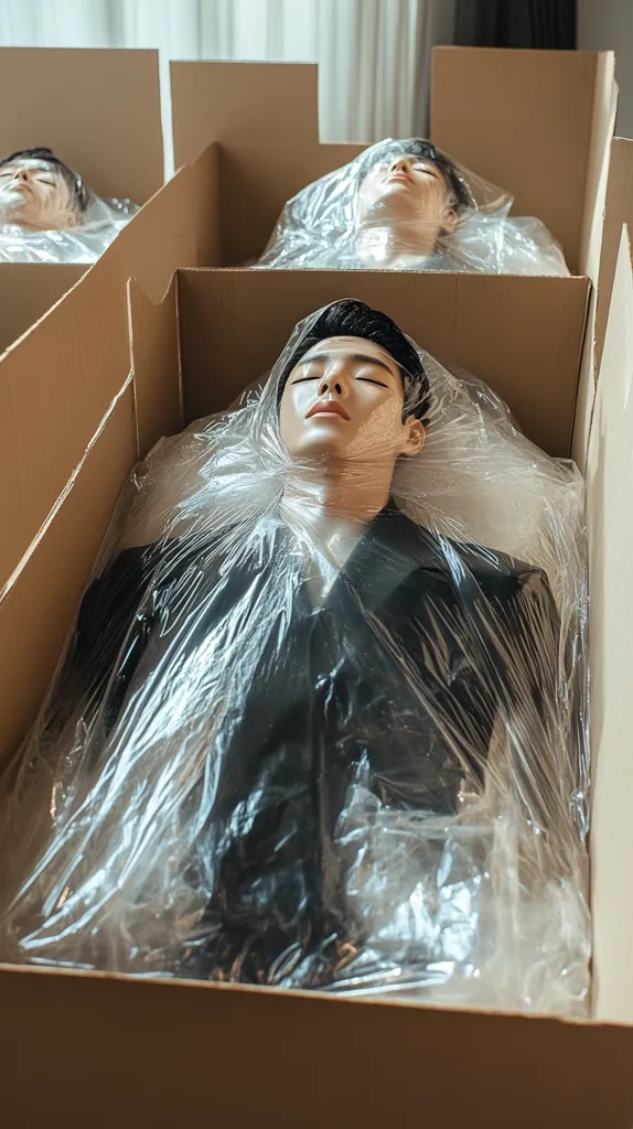 Several cardboard boxes contain mannequins wrapped in plastic. Each mannequin is dressed in a dark suit and appears lifeless, lying supine. The image has a somber and slightly unsettling atmosphere, suggesting a theme of mortality or mass production. The focus is on a single mannequin in the foreground, while others are visible in the background. The overall visual is stark and minimalist.