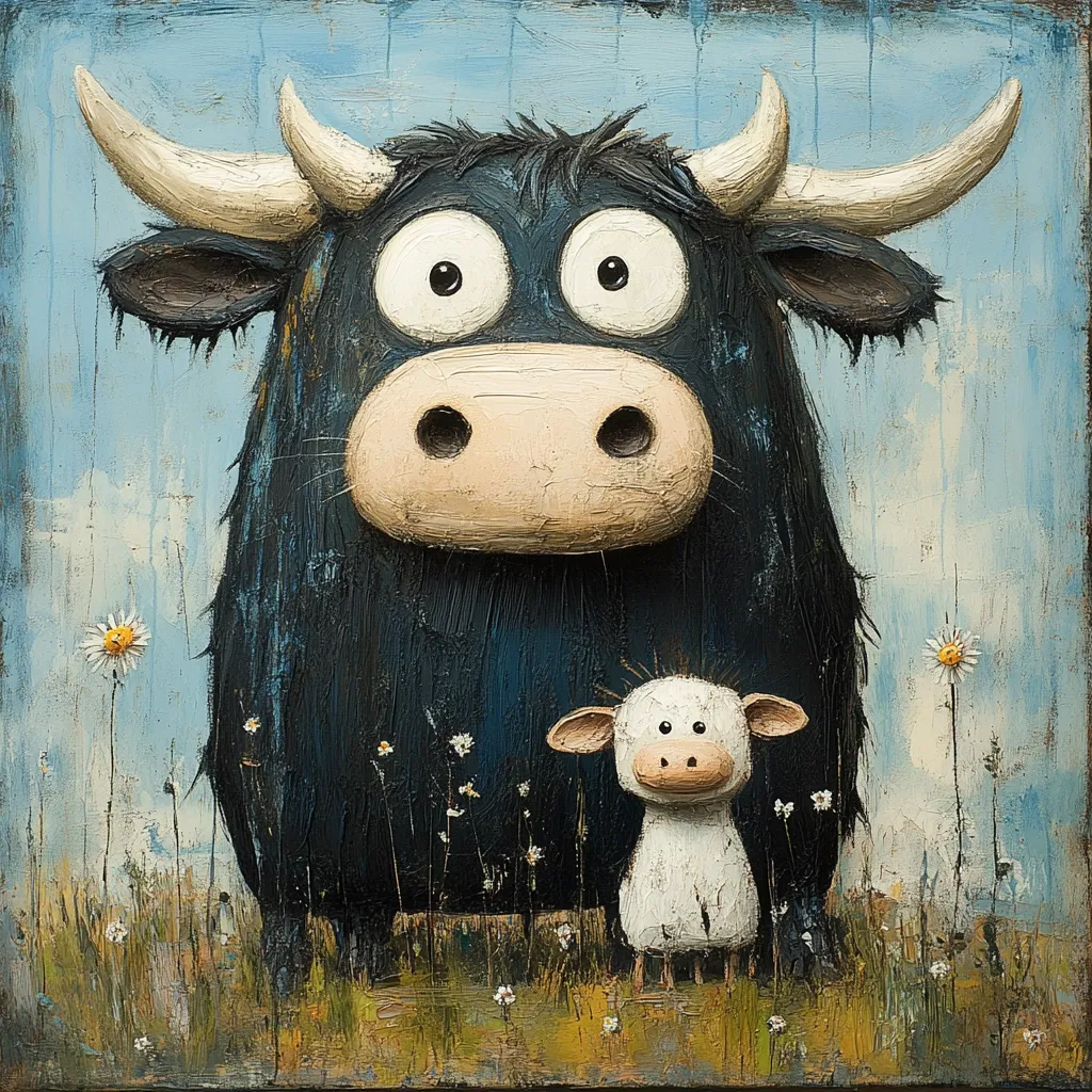 A whimsical painting depicts a large, dark-haired bull with wide, expressive eyes standing beside a small, fluffy lamb.  The bull's expression is one of gentle surprise. They stand in a field of daisies against a light blue sky. The painting style is textured and impasto, giving it a slightly rustic feel.  The overall tone is heartwarming and playful.