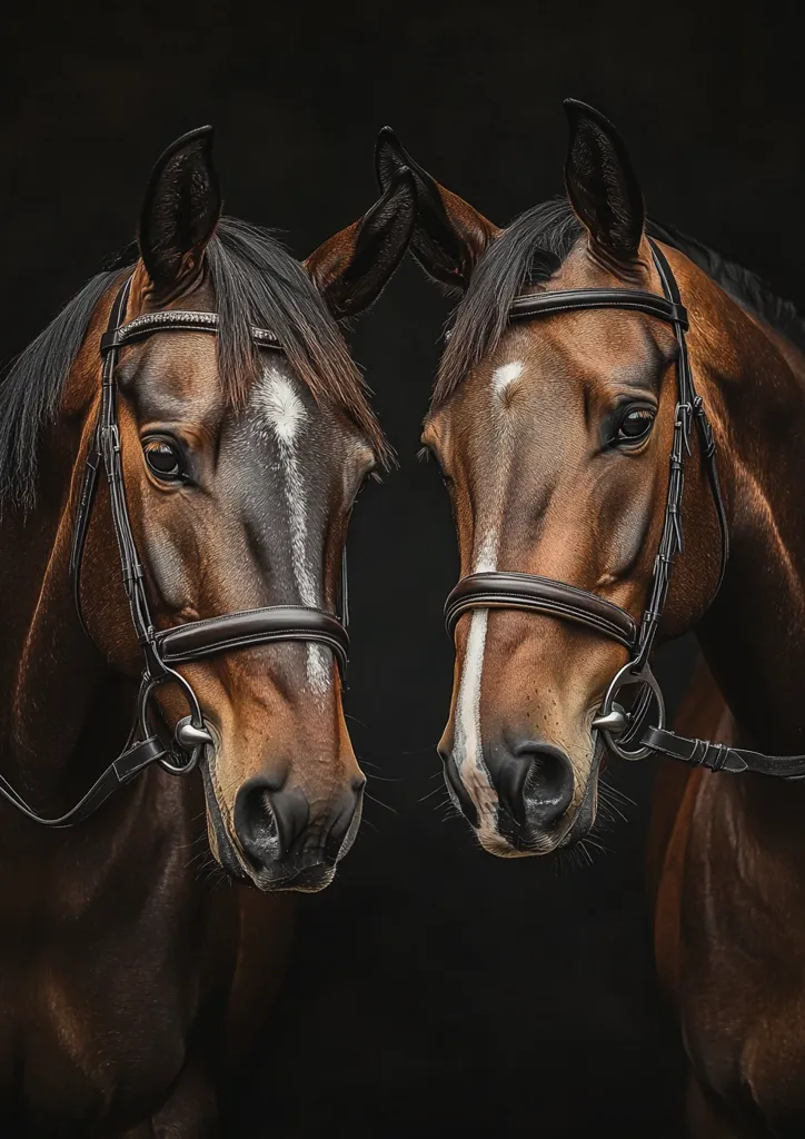 Two chestnut horses, wearing brown bridles, stand close together against a black background.  Their heads are slightly tilted towards each other, creating a sense of intimacy.  The horses' coats are sleek and their expressions are calm and serene.  The dark background accentuates their rich coloring and the details of their tack.