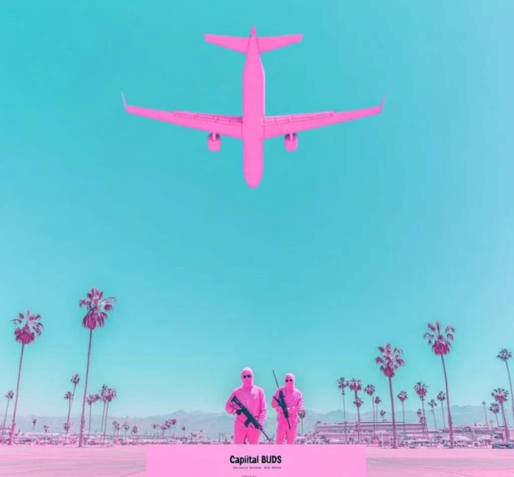 A vibrant, surreal image depicts a pink airplane flying over a tropical scene.  Two figures in pink balaclavas and matching outfits, armed with rifles, stand on a runway below.  Palm trees line the horizon under a bright turquoise sky.  The overall aesthetic is highly stylized and saturated, suggesting a commentary on consumerism or societal control.  The text "Capital BUDS" appears at the bottom.