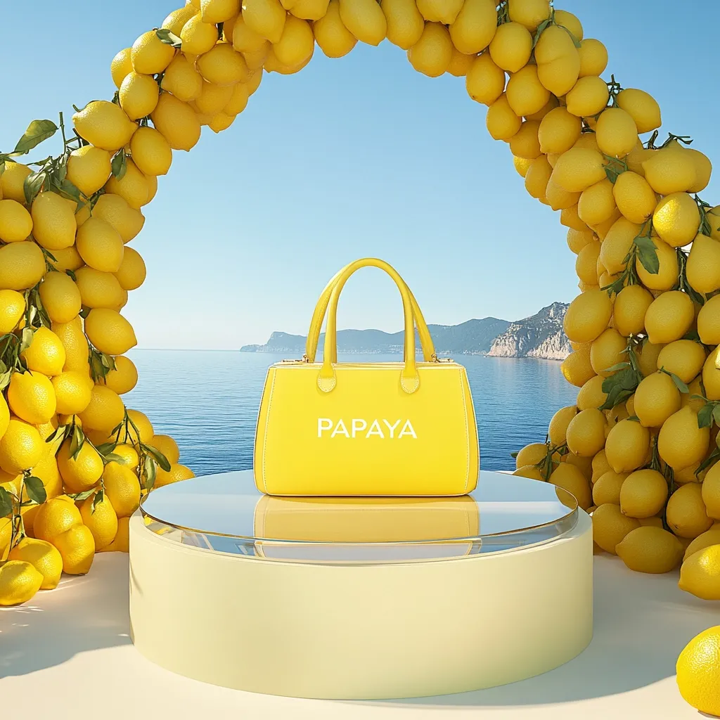 A vibrant yellow handbag, branded "PAPAYA," sits on a pale yellow pedestal.  The backdrop is a stunning seascape with distant mountains, framed by a circular archway crafted from bunches of ripe lemons. The scene is bright, sunny, and evokes a feeling of summer luxury.  The contrast between the sunny yellow tones and the tranquil blue water is striking.