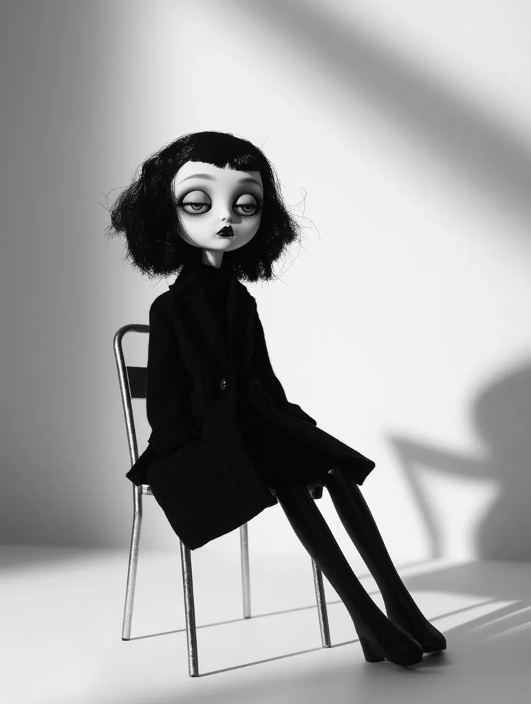 A black and white photograph depicts a doll with dark hair and oversized eyes, dressed in a dark coat and boots.  She sits pensively on a simple metal chair against a stark white background.  The lighting casts dramatic shadows, enhancing the doll's melancholic expression and creating a moody atmosphere. The overall style evokes a gothic or melancholic aesthetic.