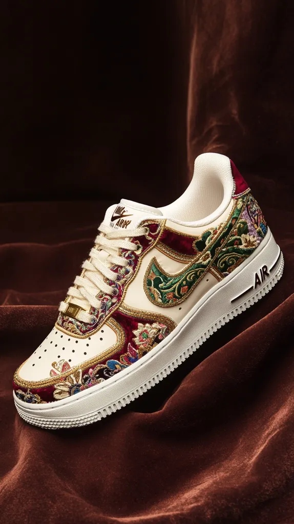 A Nike Air Force 1 sneaker is showcased, adorned with intricate embroidery. The cream-colored base is overlaid with rich burgundy velvet and gold detailing, creating a luxurious and ornate design. The shoe rests on a plush, dark brown velvet surface, emphasizing the sneaker's elaborate craftsmanship.  The Air Force 1 branding is visible, adding to the authentic Nike design.