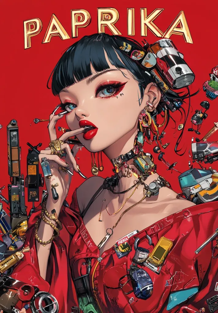 A stylized female figure, adorned in a vibrant red outfit, is the focal point of the artwork titled "Paprika."  Her dark hair is accessorized with various mechanical and cosmetic elements.  She holds makeup tools, and her clothing is embellished with numerous small objects, creating a densely textured, almost cyberpunk aesthetic against a bold red background. The overall impression is one of bold color, intricate detail, and a unique blend of fashion and technology.