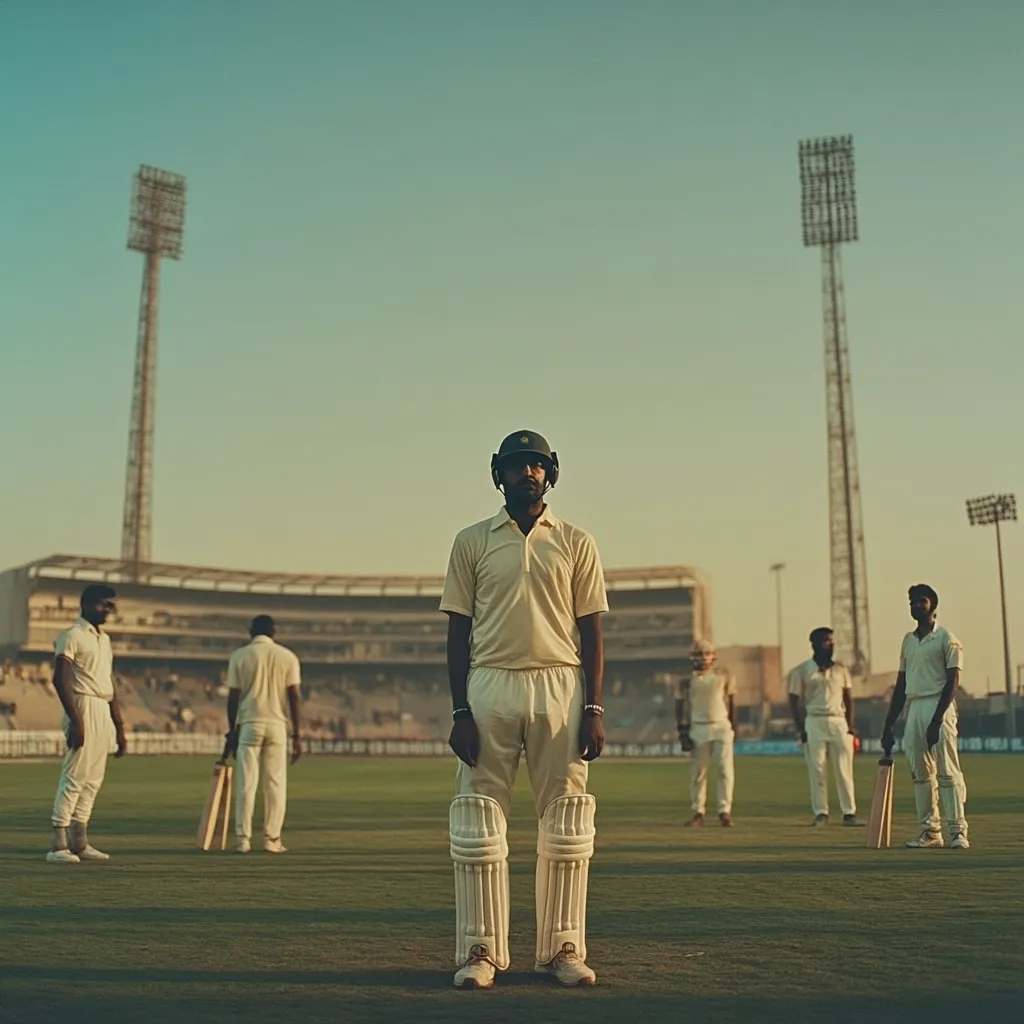 A cricketer in white pads and helmet stands on a cricket pitch, his gaze fixed ahead.  Several other players are visible in the background, also in white uniforms, standing near their bats.  The setting sun casts a warm glow over the empty stadium with towering floodlights. The scene evokes a sense of quiet intensity and anticipation before a game.