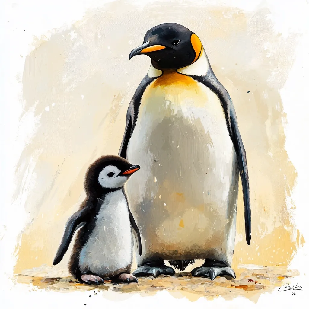 A digital painting showcases an emperor penguin and its chick. The adult penguin, large and imposing, stands proudly with its characteristic black, white, and yellow plumage.  Beside it, the smaller chick, fluffy and endearing, looks up at its parent. The artistic style employs loose brushstrokes, creating a textured and expressive image. The warm, sandy background complements the penguins' coloration.