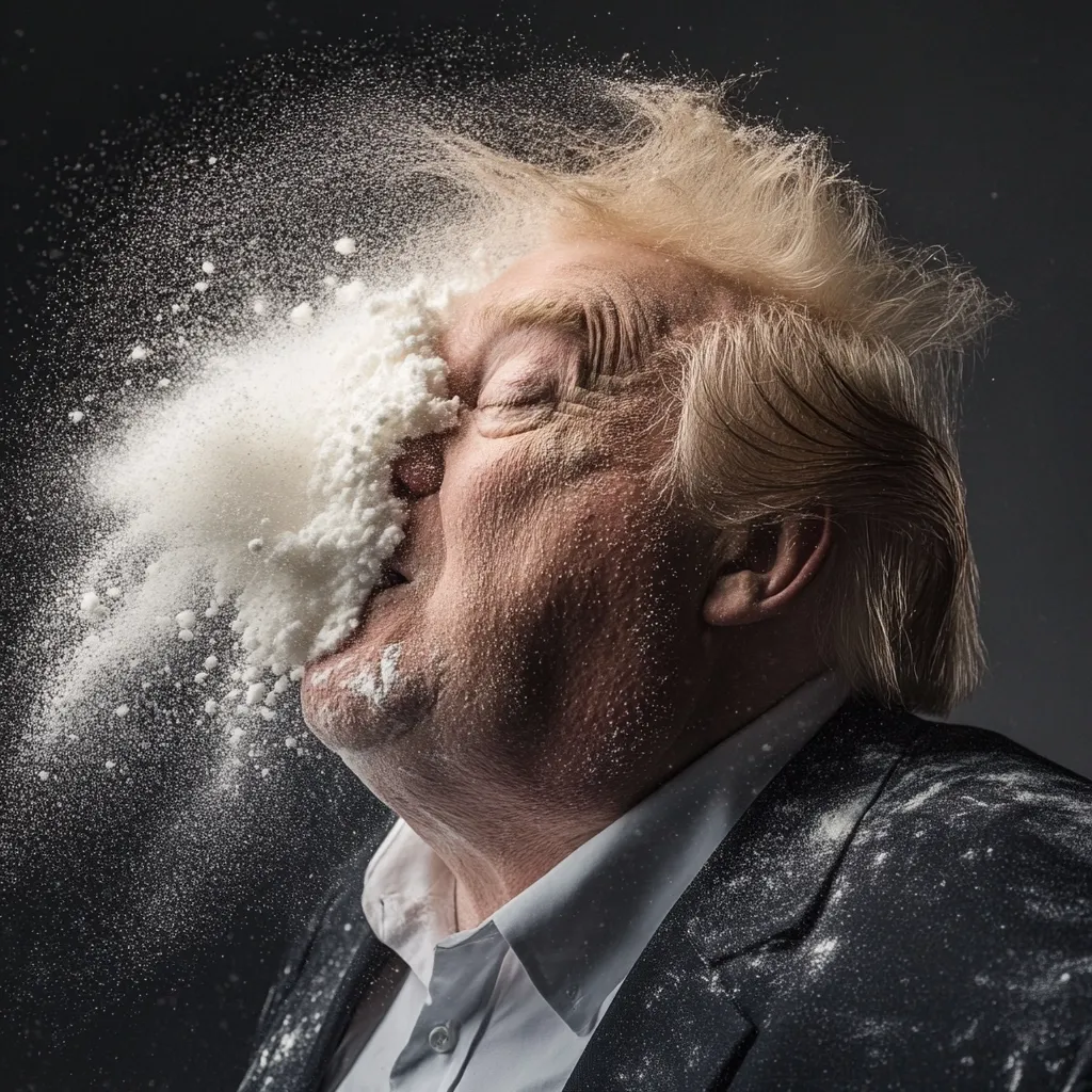 A close-up shot captures Donald Trump's face as a cloud of white powder explodes around him.  His eyes are closed, and his mouth is slightly open, suggesting the force of the explosion.  The powder coats his face, hair, and suit, creating a dramatic and somewhat chaotic image.  The background is a dark, neutral gray.