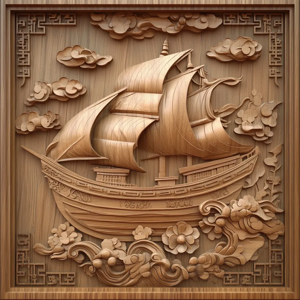 Intricate wood carving depicting a majestic sailing ship navigating through stylized waves.  Surrounding the ship are carved clouds and floral elements, all rendered in high relief on a rich, brown wooden panel.  The detailed craftsmanship showcases traditional Asian artistic influences, with decorative borders framing the scene. The piece exhibits skillful use of texture and depth to create a captivating visual narrative.