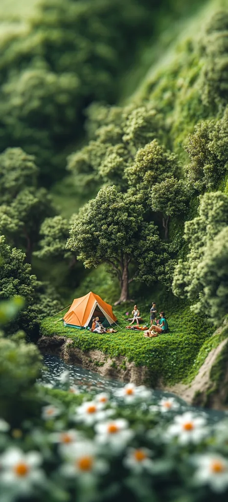 A miniature scene depicts a serene camping spot nestled in a lush green forest.  A small orange tent sits beside a tranquil stream, surrounded by miniature figures enjoying a picnic.  The vibrant greenery and tiny details create a charming and idyllic image of a peaceful outdoor adventure. Daisies bloom softly in the foreground, blurring into a natural bokeh effect.