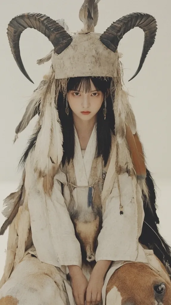 A young woman with dark hair and bangs is captured in a captivating portrait.  She's adorned in a striking costume, featuring a large headdress with curved horns, feathers, and light-colored, possibly fur, garments.  The overall aesthetic is mystical and evokes a sense of ancient cultures or folklore. The woman's expression is serious and intense, adding to the image's enigmatic mood. She appears to be seated atop a light brown animal, possibly a horse or deer.
