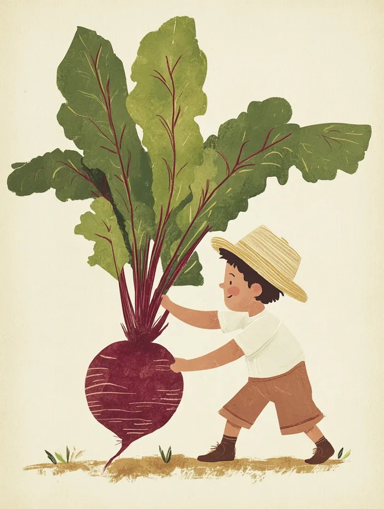 A cheerful child, wearing a straw hat and shorts, strains to lift a large beet. The beet's vibrant red root and lush green leaves are depicted in a stylized, painterly manner.  The scene is set against a soft, beige background, conveying a sense of warmth and gentle effort. The illustration suggests a harvest scene or a child's connection to nature.