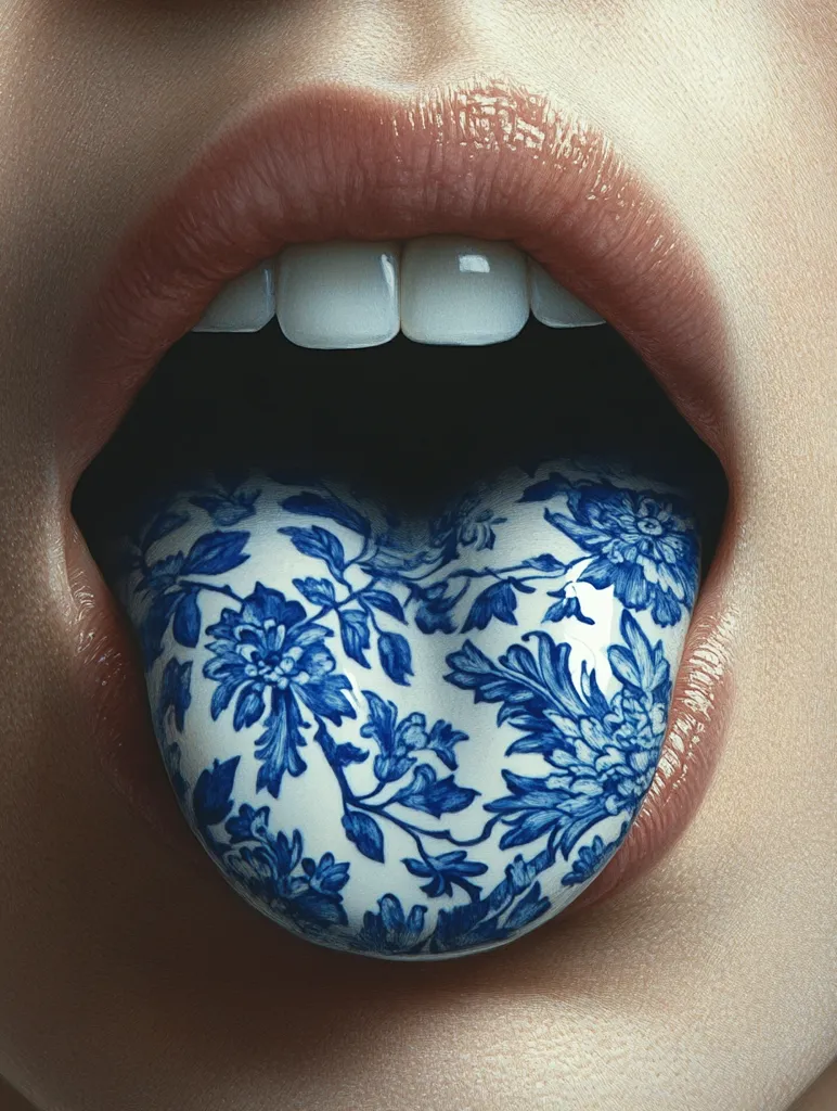 A close-up image shows a person's open mouth with a tongue that appears to be covered in a blue and white porcelain design. The detail is incredibly realistic, mimicking the texture and pattern of fine china. The lips are full and softly colored, contrasting with the vibrant blue floral pattern on the tongue. The overall effect is both striking and surreal.