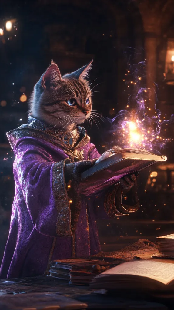 A tabby cat, adorned in a regal purple robe and golden jewelry, sits at a dimly lit desk.  It holds an open book from which magical sparks and purple smoke emanate.  Surrounding the cat are stacks of old, leather-bound books, creating an atmosphere of mystical study and ancient magic. The scene is dark and atmospheric, emphasizing the cat's magical prowess.