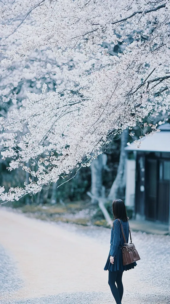 A young woman with long dark hair walks away from the camera down a path.  She wears a dark blue pleated skirt and jacket, and carries a brown leather handbag.  Overhanging branches of a blossoming cherry tree create a beautiful, ethereal backdrop.  The scene is peaceful and serene, with a soft, muted color palette.