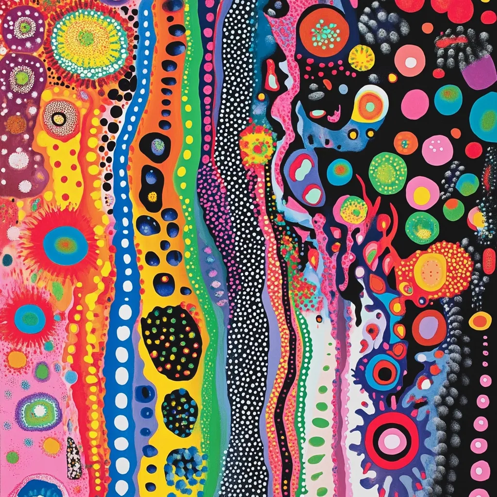 A vibrant abstract painting explodes with color and texture.  Vertical bands of dots, swirls, and organic shapes in bright hues of pink, orange, yellow, green, blue, and purple intertwine against a predominantly black background.  The style is reminiscent of psychedelic art, featuring a dense composition of varied sizes and patterns, creating a lively and energetic visual experience.