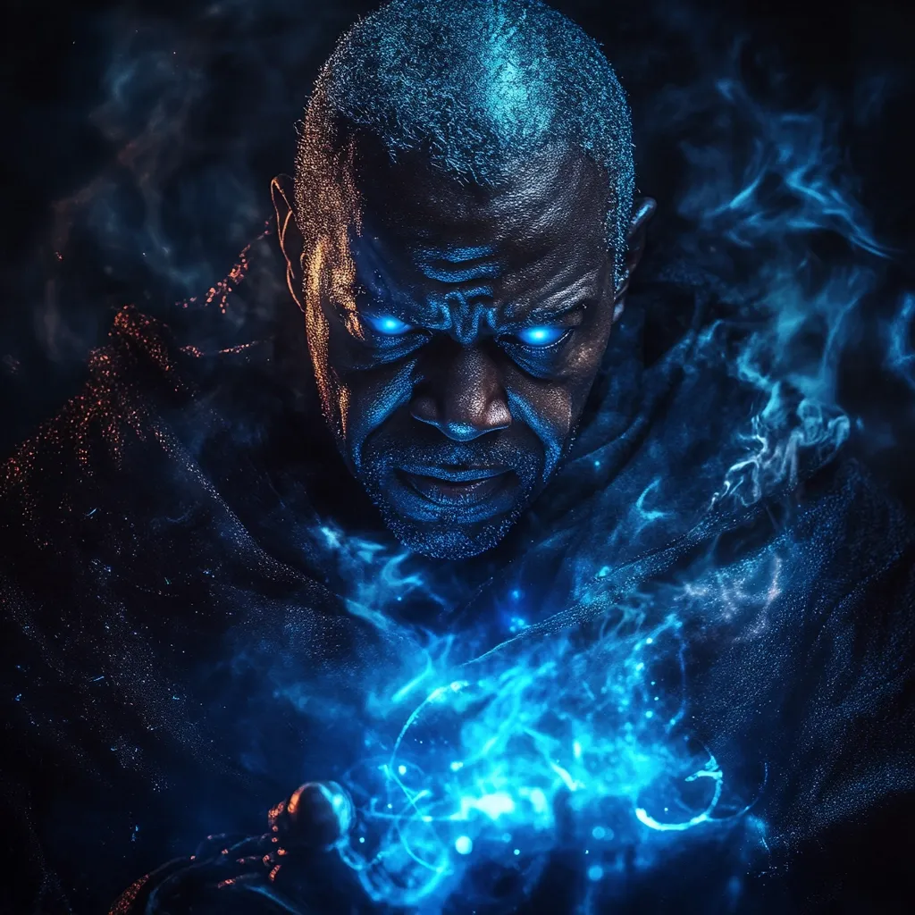 A dark, dramatic close-up of a powerful, dark-skinned man, possibly a sorcerer or wizard.  His eyes glow with an eerie blue light, mirroring the swirling, ethereal blue energy emanating from his hands.  He is clad in dark robes, shrouded in smoke and shadow, creating a mystical and intense atmosphere.  His stern expression hints at great power and perhaps a touch of menace.