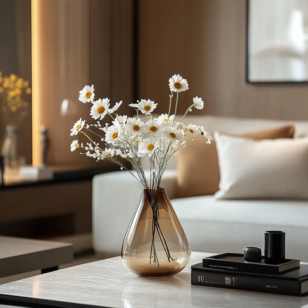 A modern living room features a sleek coffee table holding a brown glass vase filled with a bouquet of white daisies.  The vase's ombre effect adds depth.  A stack of books and small black objects rest beside the vase, complementing the minimalist aesthetic of the room.  A beige sofa softly blurs in the background, creating a tranquil and stylish atmosphere.