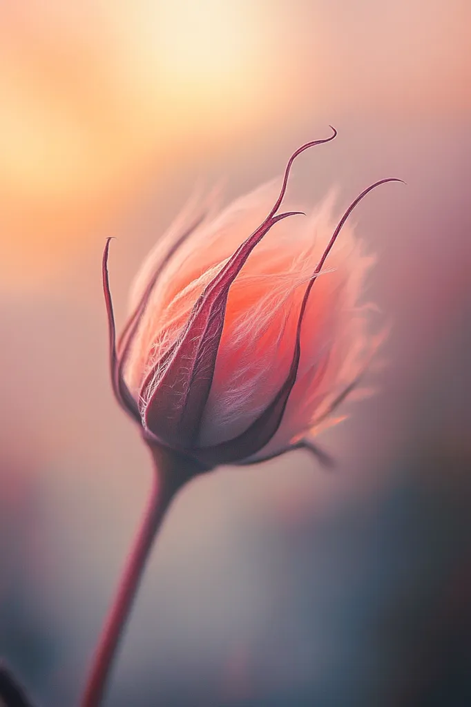 A close-up shot reveals a delicate, pale pink flower bud, softly illuminated by the warm glow of a sunset.  The flower's fine, feathery texture is accentuated by the blurred background, creating a dreamy, ethereal atmosphere.  The slender stem extends downwards, leading the eye through the image.  The overall mood is one of gentle beauty and tranquility.