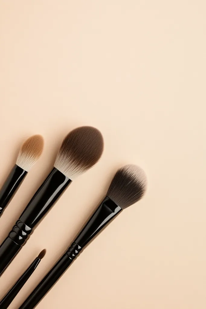 Three makeup brushes with black handles and varying brush head sizes are arranged against a light beige background.  A small, angled brush is partially visible at the bottom, alongside a larger, rounded brush and a medium-sized, slightly domed brush. The image is minimalist and focuses on the brushes' clean lines and textures.  The background provides ample negative space.