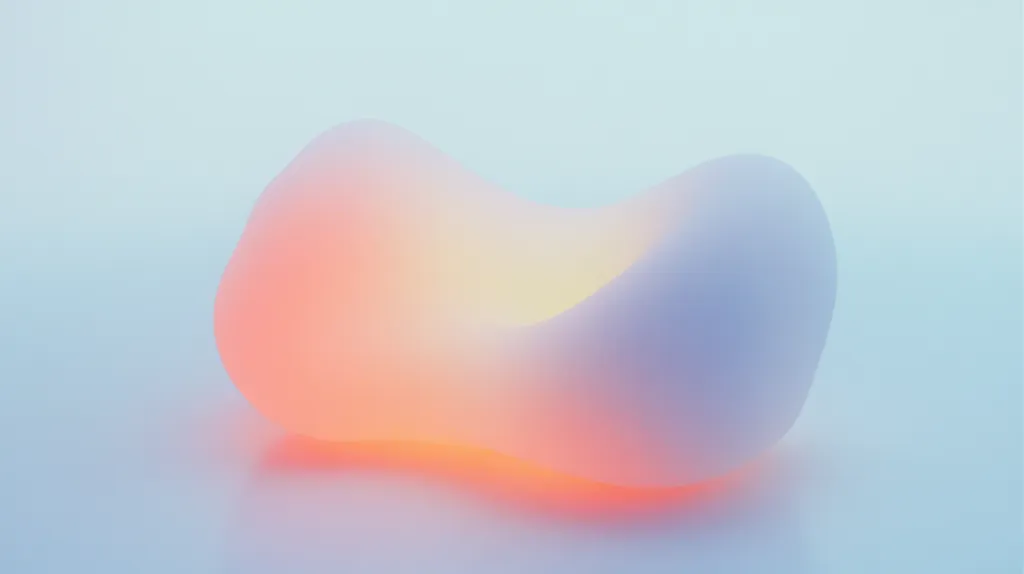 A softly glowing object, resembling a smooth, amorphous stone or cloud, rests on a pale blue surface.  Its form is gently undulating, with a central hollow that emits a warm, orange-yellow light. The object's surface is subtly translucent, allowing the inner light to diffuse and cast a soft glow across its edges.  The overall effect is one of calm serenity and gentle warmth.