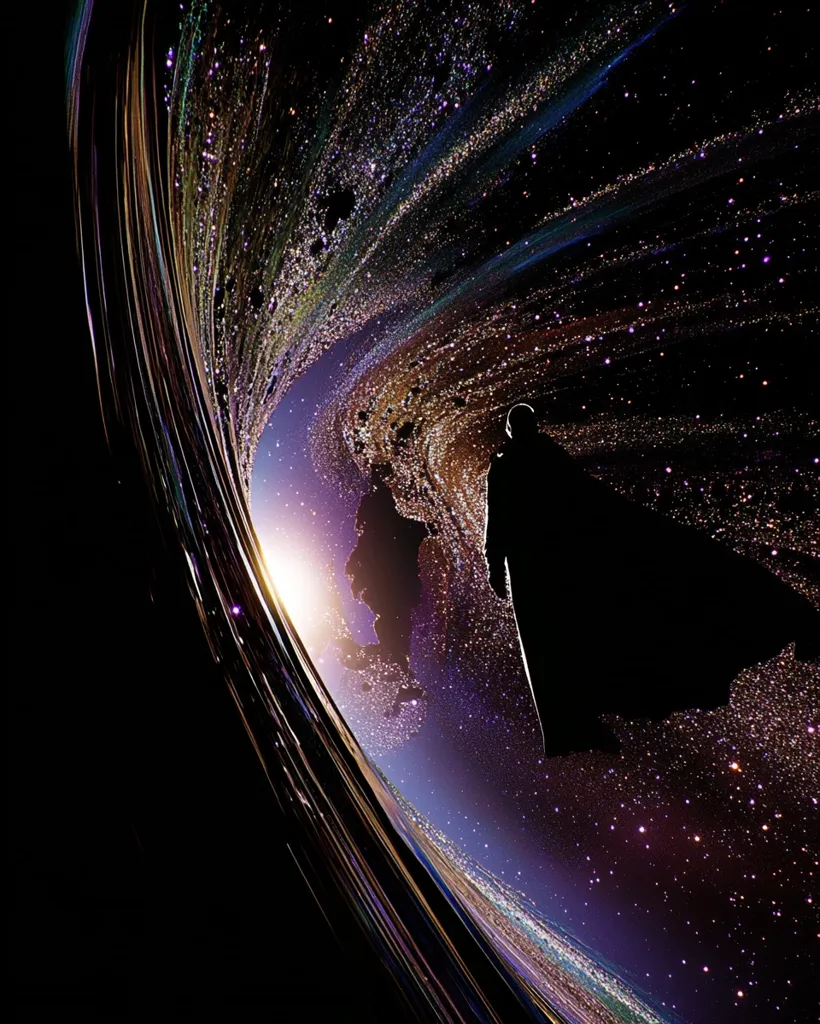 A silhouetted figure in a cloak stands against a backdrop of swirling cosmic dust and a vibrant nebula.  The figure is positioned near a luminous sunrise over a planet's curve, the Earth's illuminated night side visible below. The scene is dark, dramatic, and evokes a sense of vastness and mystery within the universe.  The colours range from deep purples and blues to warm oranges and yellows from the rising sun.