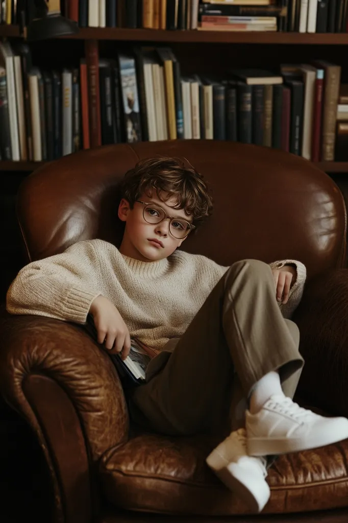 A young boy with curly brown hair and glasses sits in a brown leather armchair. He's wearing a cream-colored sweater and khaki pants, holding a book in his lap.  The chair is positioned in front of a well-stocked bookshelf filled with numerous books, creating a studious and sophisticated atmosphere.  The overall mood is calm and contemplative.