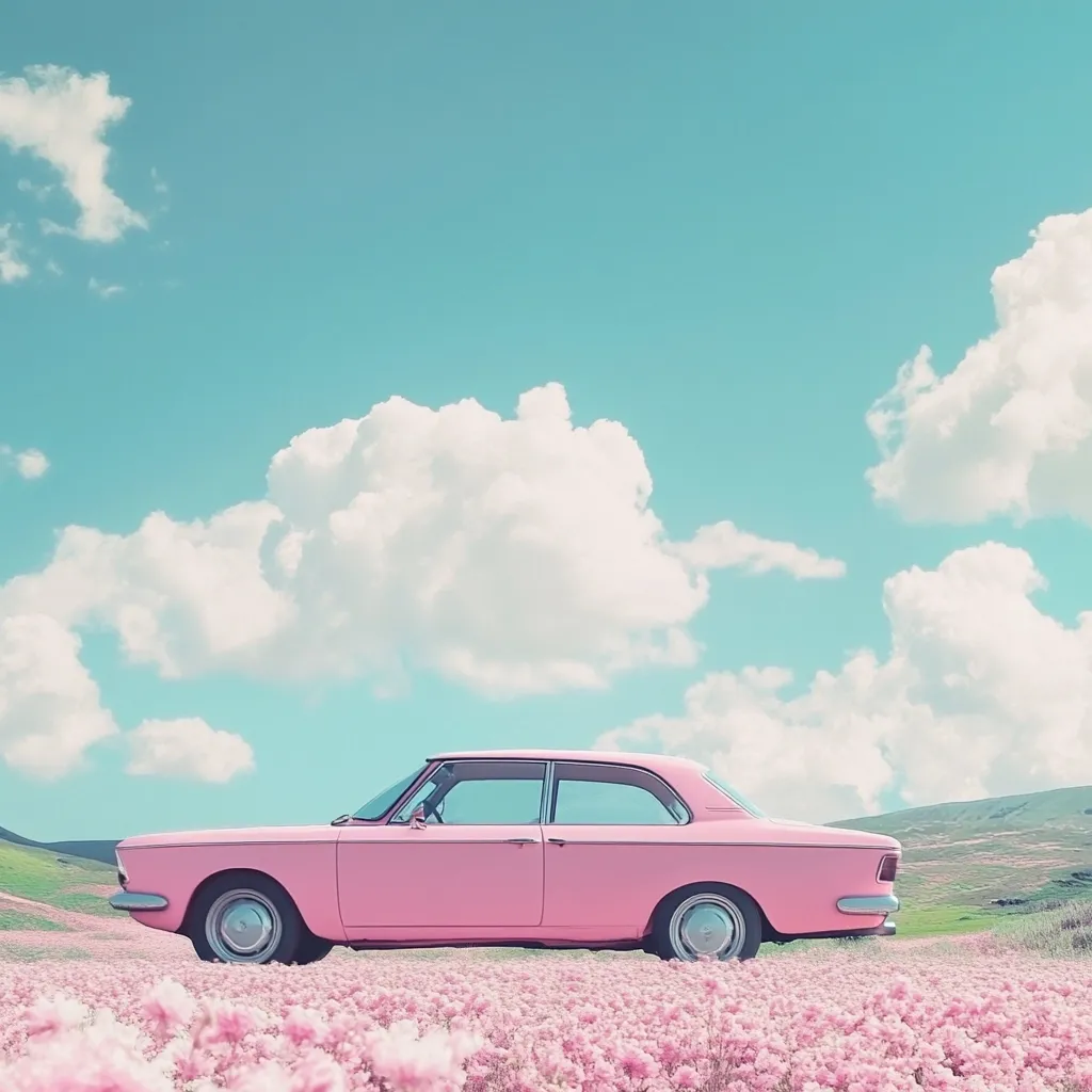 A pastel pink vintage car sits in a field of pink flowers under a pale blue sky dotted with fluffy white clouds. The scene is idyllic and dreamlike, evoking a sense of peace and tranquility. The soft colors and gentle curves create a whimsical and romantic atmosphere.  The car is in profile view, showcasing its classic design.