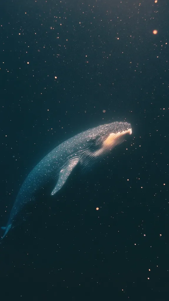 A humpback whale, seemingly speckled with stars, swims gracefully through the inky depths of the ocean.  Tiny, luminous particles drift around it, creating a surreal, otherworldly atmosphere.  The whale's silhouette is striking against the dark water, its form illuminated by a soft, ethereal glow. The scene evokes a sense of mystery and wonder, a quiet moment in the vast, unexplored ocean.